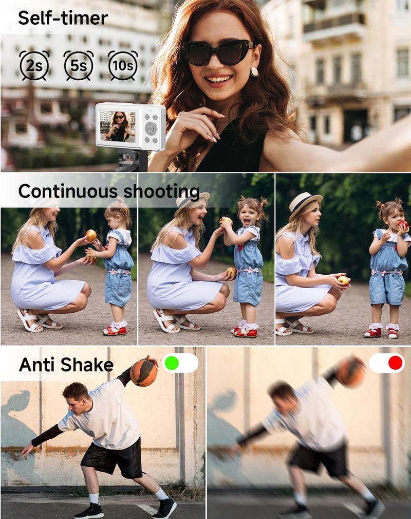 SMARTKLIK Digital Camera for Kids, FHD 1080P 44MP Point and Shoot Digital Camera with Face Detect, Smile Capture, 18X Zoom, 20 Filters, Anti Shake, 32GB SD Card White Compact Vintage Camera for Kids Boys Girls - Image 4